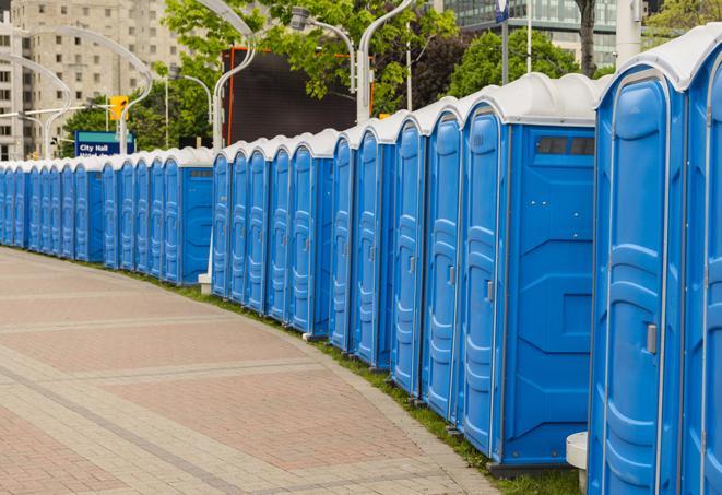 a line of portable restrooms set up for a wedding or special event, ensuring guests have access to comfortable and clean facilities throughout the duration of the celebration in Corning